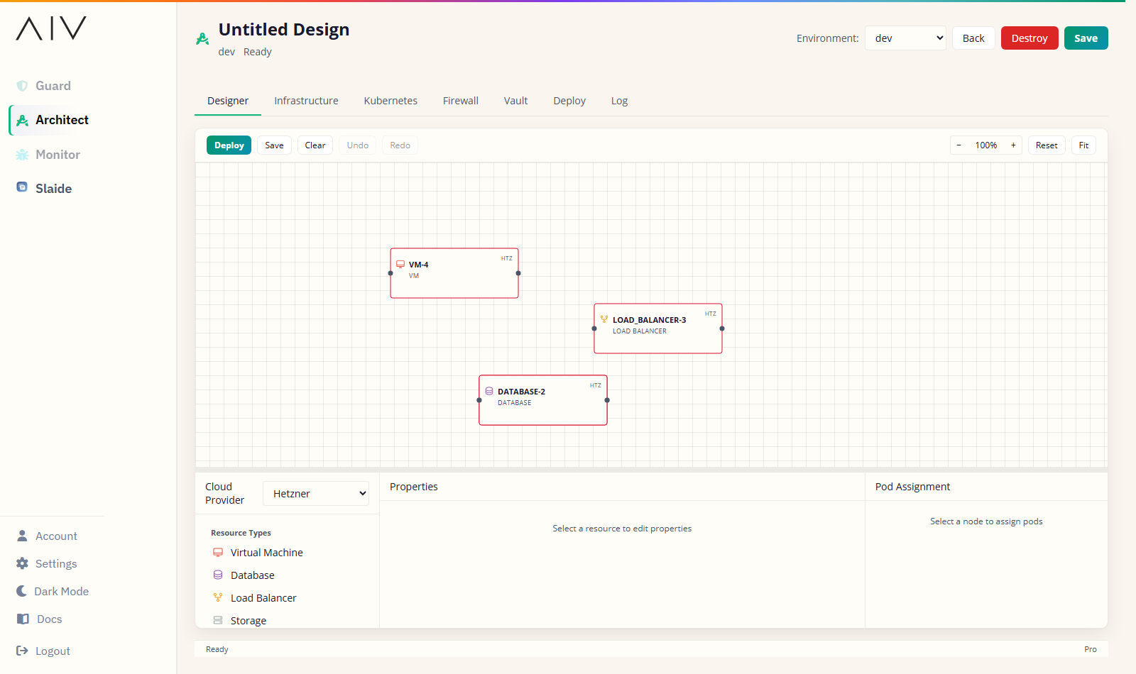 The Architect canvas open inside the AIVory shell, showing connected cloud resources