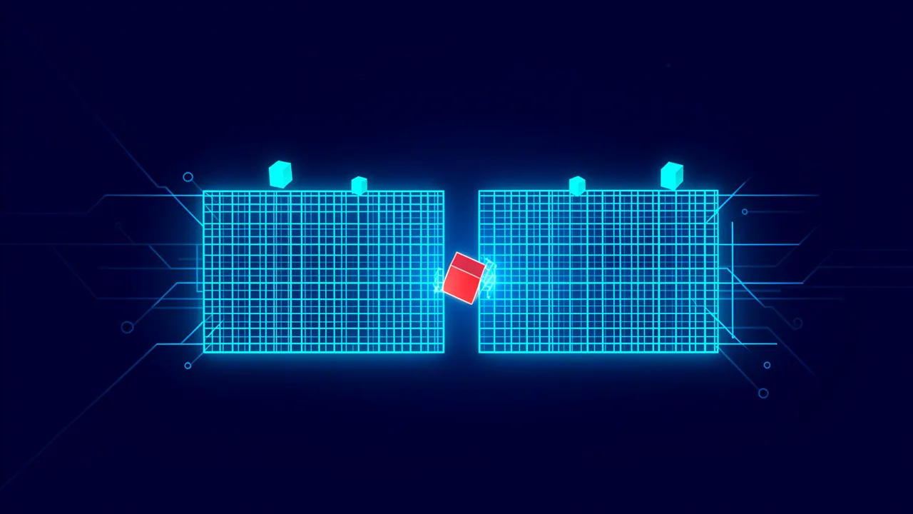 AI-generated image: Two cyan grid planes with cyan cubes on top, red cube in middle section between planes