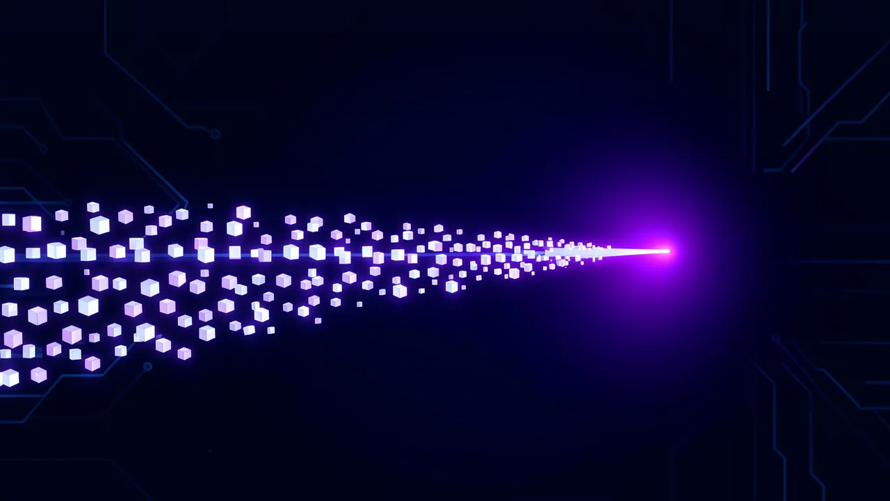 AI-generated image: White hexagons forming dispersing beam ending in bright magenta glow on dark background