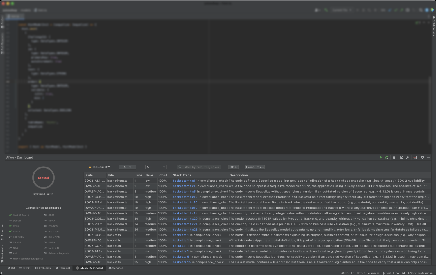 AIVory JetBrains plugin dashboard showing compliance status and detailed violation breakdowns
